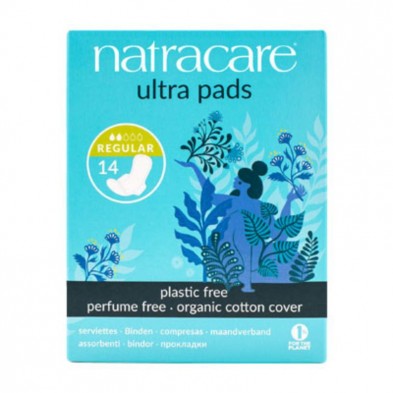 Compresas Ultra Regular Con Alas Natracare packaging reciclado de cartón con tintes vegetales de colores azulados