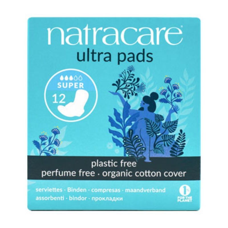 Packaging de cartón reciclado con tintes azules vegetales de las Compresas Ultra Súper Con Alas Natracare