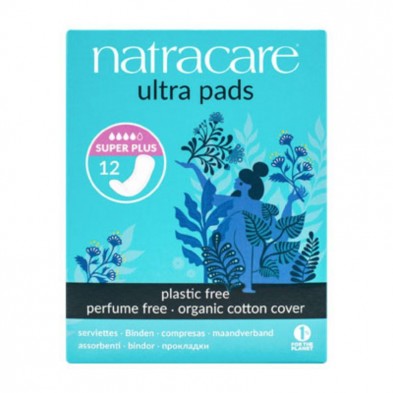 Compresas Ultra Súper Plus Natracare packaging de cartón reciclado con tintes vegetales en tonos azules
