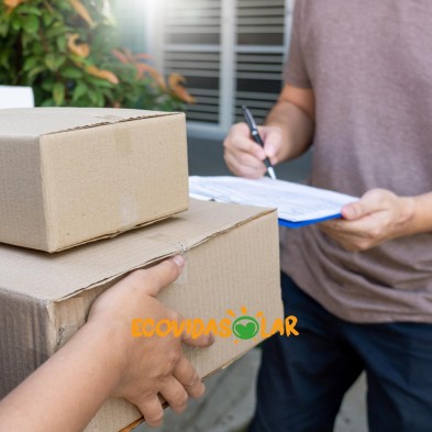 Entrega de paquetes en una residencia por parte de un mensajero.