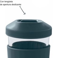 Tapa de vaso con cierre hermético; texto en español apuntando a la pestaña deslizante.
