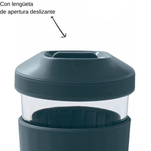 Tapa de vaso con cierre hermético; texto en español apuntando a la pestaña deslizante.