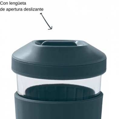 Tapa de vaso con cierre hermético; texto en español apuntando a la pestaña deslizante.