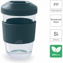 Vaso borosilicato reutilizable con tapa oscura, banda de silicona en el centro; para bebidas calientes o frías.
