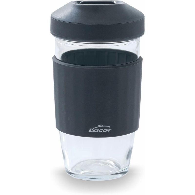 Taza de viaje de vidrio transparente con tapa y banda de silicona para mejor agarre, tapadera y de 450 ml