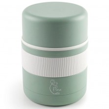 Tarro de comida de acero inoxidable de color verde menta con una banda acanalada blanca y la etiqueta "Flora".
