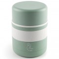 Tarro de comida de acero inoxidable de color verde menta con una banda acanalada blanca y la etiqueta "Flora".