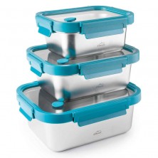 Set de 3 recipientes de acero inoxidable con tapa de vidrio con válvula de aire y abrazaderas de PP de color azul
