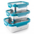 Set de 3 recipientes de acero inoxidable con tapa de vidrio con válvula de aire y abrazaderas de PP de color azul
