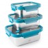 Set de 3 recipientes de acero inoxidable con tapa de vidrio con válvula de aire y abrazaderas de PP de color azul