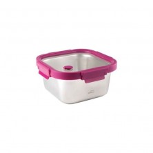Contenedor cuadrado de acero inoxidable de 650 ml con tapa de vidrio y abrazaderas de polipropileno de color rosa.