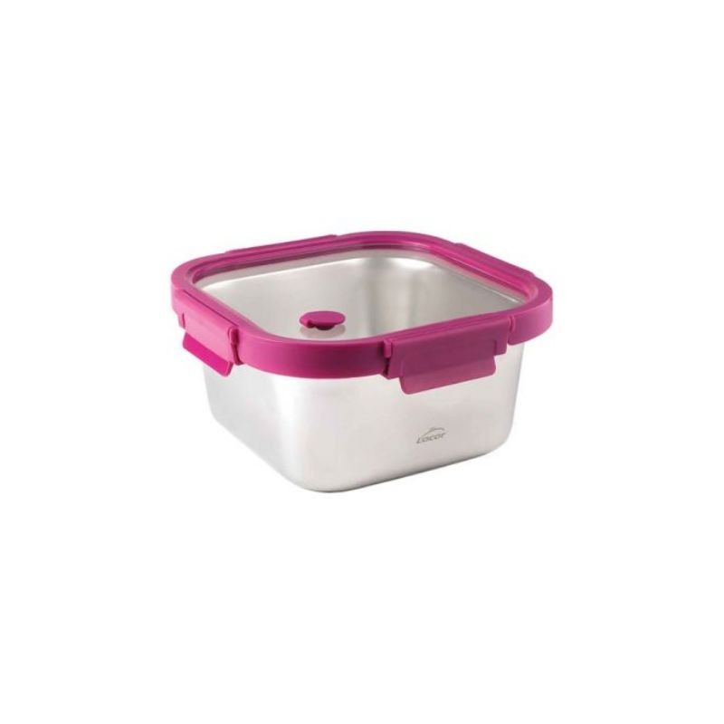 Contenedor cuadrado de acero inoxidable de 650 ml con tapa de vidrio y abrazaderas de polipropileno de color rosa.
