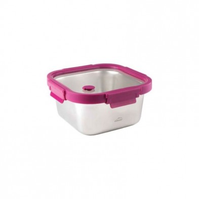 Contenedor cuadrado de acero inoxidable de 650 ml con tapa de vidrio y abrazaderas de polipropileno de color rosa.