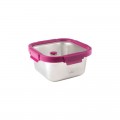 Contenedor cuadrado de acero inoxidable de 650 ml con tapa de vidrio y abrazaderas de polipropileno de color rosa.