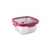 Contenedor cuadrado de acero inoxidable de 650 ml con tapa de vidrio y abrazaderas de polipropileno de color rosa.