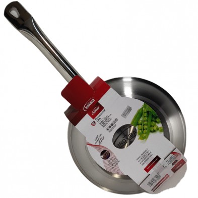 Sartén de acero inoxidable, Serie Profesional, con etiqueta de guisantes e información de la marca.