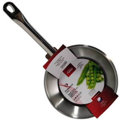 Sartén de acero inoxidable, Serie Profesional, con etiqueta de guisantes e información de la marca.