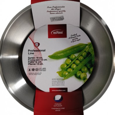 Sartén de acero inoxidable, saludable y libre de tóxicos con etiquetas de características.