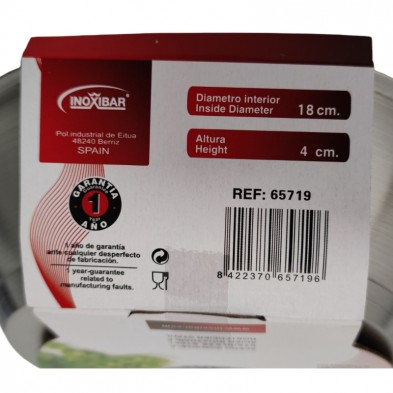 Embalaje del producto con dimensiones y garantía de 1 año de la sartén de acero inoxidable de 18cm.