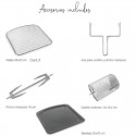Accesorios incluidos: parrilla, mango, brocheta, cesta; ideal para cocina saludable.