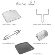 Accesorios incluidos: parrilla, mango, brocheta, cesta; ideal para cocina saludable.