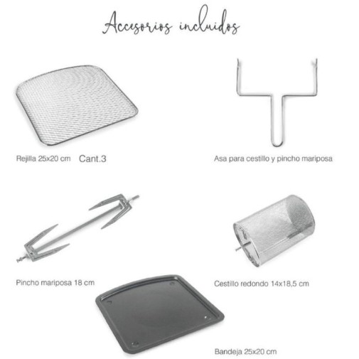 Accesorios incluidos: parrilla, mango, brocheta, cesta; ideal para cocina saludable.