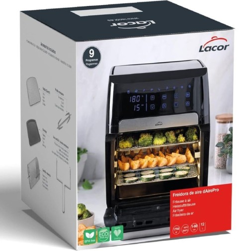Caja de freidora de aire de Lacor, perfecta para comidas crujientes y opciones de cocción versátiles.