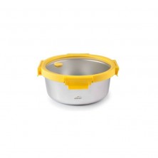 Recipiente redondo de acero inoxidable con tapa de vidrio y abrazaderas de color amarillas de una capacidad de 690 ml
