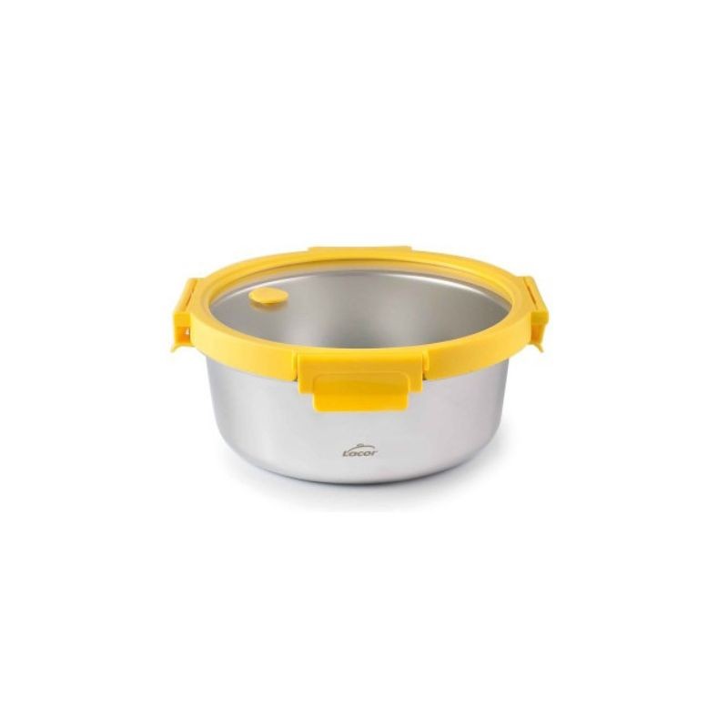 Recipiente redondo de acero inoxidable con tapa de vidrio y abrazaderas de color amarillas de una capacidad de 690 ml