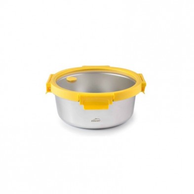 Recipiente redondo de acero inoxidable con tapa de vidrio y abrazaderas de color amarillas de una capacidad de 690 ml Recipiente redondo de acero inoxidable con tapa de vidrio y abrazaderas de color amarillas de una capacidad de 690 ml