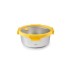 Recipiente redondo de acero inoxidable con tapa de vidrio y abrazaderas de color amarillas de una capacidad de 690 ml