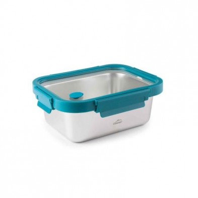 Tupper ecológico de acero inoxidable 18/10 con tapa transparente de vidrio y abrazaderas de plástico de propileno de color azul