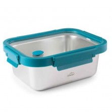 Recipiente de acero inoxidable con tapa de vidrio y abrazaderas azules de polipropileno