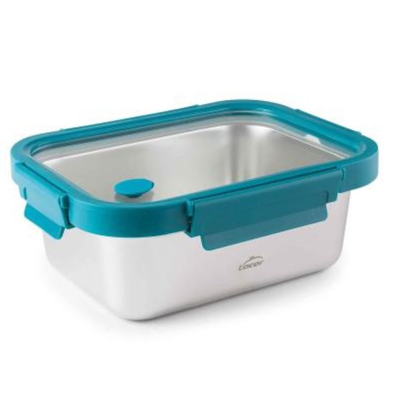 Recipiente de acero inoxidable con tapa de vidrio y abrazaderas azules de polipropileno