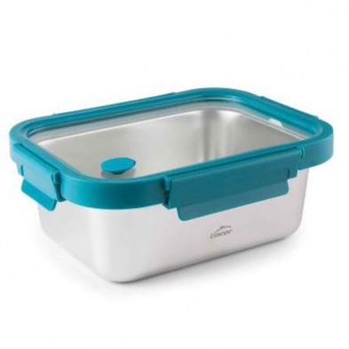 Recipiente de acero inoxidable con tapa de vidrio y abrazaderas azules de polipropileno