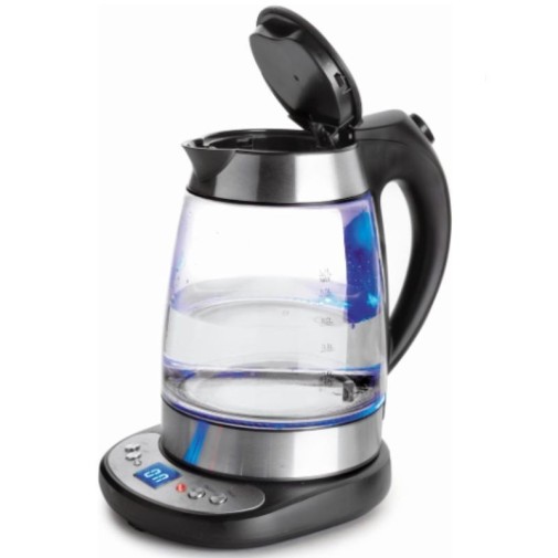 Hervidor de agua de vidrio Lacor con la tapa abierta