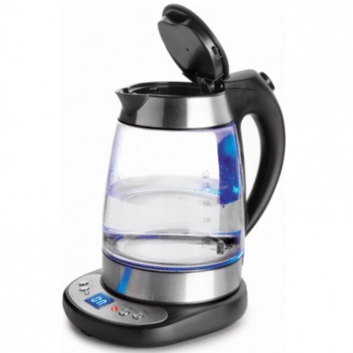 Hervidor de agua de vidrio Lacor con la tapa abierta Hervidor de agua de vidrio Lacor con la tapa abierta