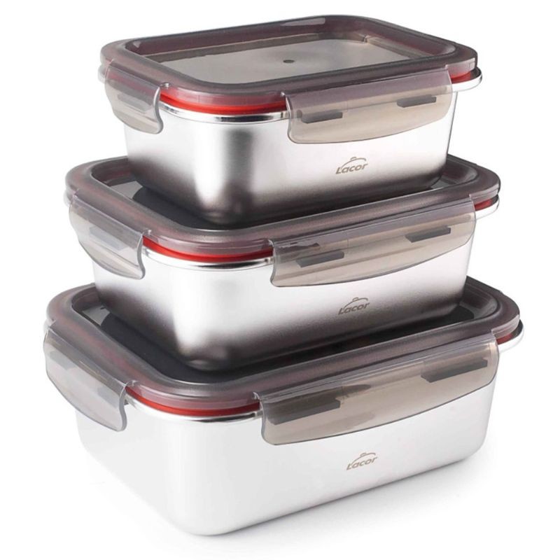 Set de 3 tuppers rectangulares ECOINOX de acero inoxidable con tapa.