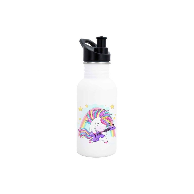 Botella de acero inoxidable con diseño de unicornio tocando guitarra.