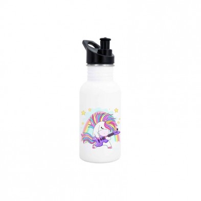 Botella de acero inoxidable con diseño de unicornio tocando guitarra.