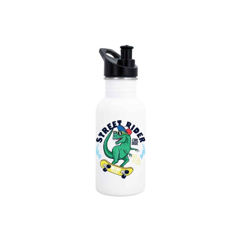 Botella de acero inoxidable Dinosaurio en patinete amarillo con fondo blanco 500 ml Biodora