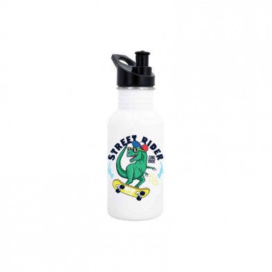 Botella de acero inoxidable Dinosaurio en patinete amarillo con fondo blanco 500 ml Biodora