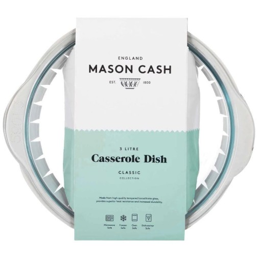 Envase de cartón de la cazuela Mason Cash con etiqueta de capacidad de 3 litros
