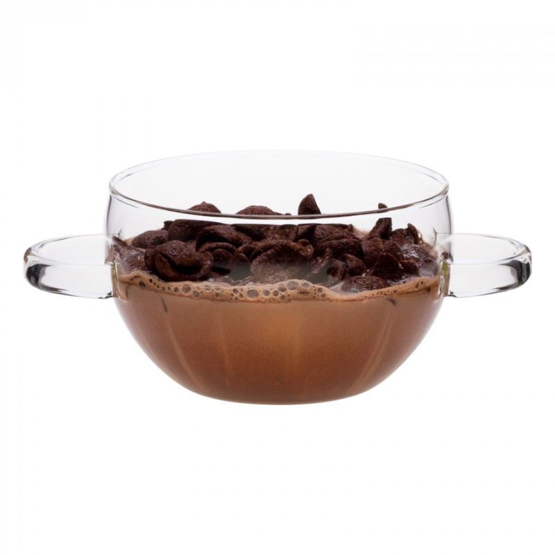 Bowl DUO de vidrio de borosilicato con leche y unos cereales de chocolate