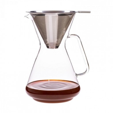 Cafetera por goteo Brasil con filtro de acero inoxidable Trendglas Jena con café recién hecho en su interior