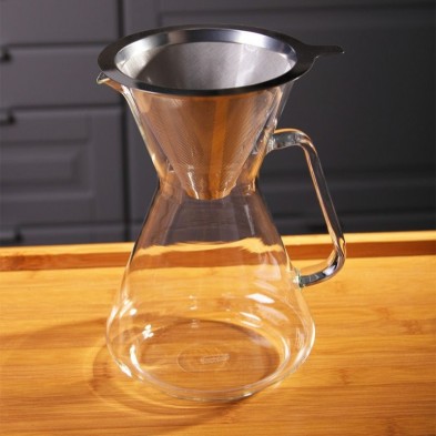 Presentación de la Cafetera por goteo Brasil con filtro de acero inoxidable Trendglas Jena sobre la encimera