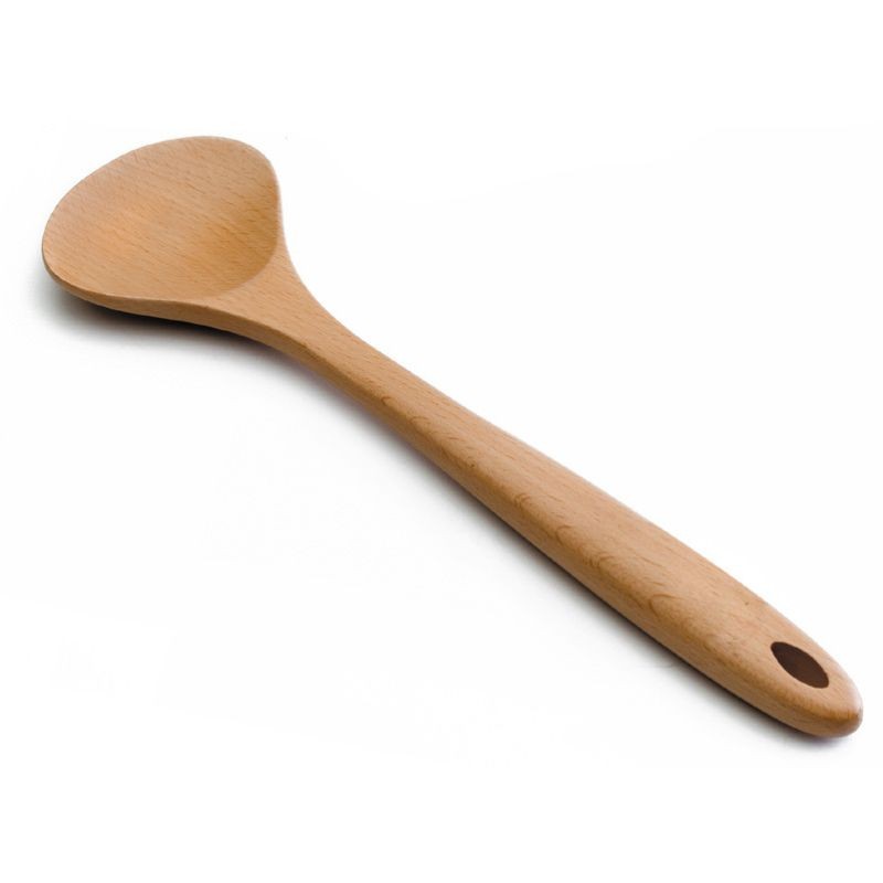 Cuchara de madera con cabeza plana y redonda para servir ensalada y un agujero en el mango.