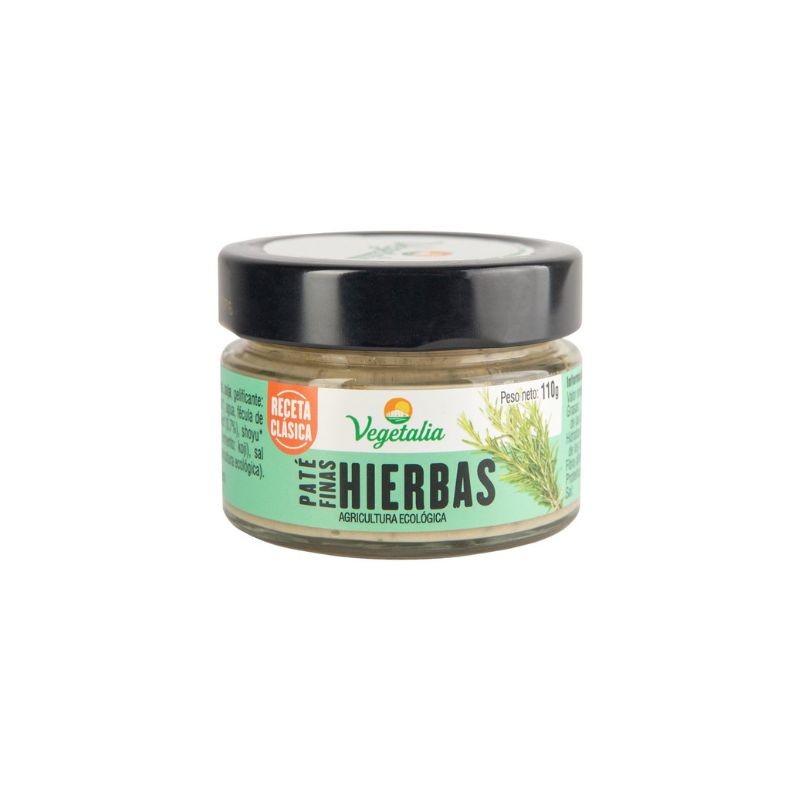Paté de finas hierbas ecológico de Vegetalia envasado en tarro de vidrio con rosca de 210 g.