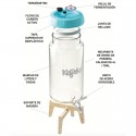 Fermentador Kefirko con piezas etiquetadas: termómetro, filtro de carbón activo, juntas y soporte de madera.