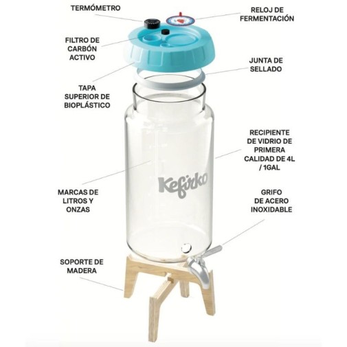 Fermentador Kefirko con piezas etiquetadas: termómetro, filtro de carbón activo, juntas y soporte de madera.